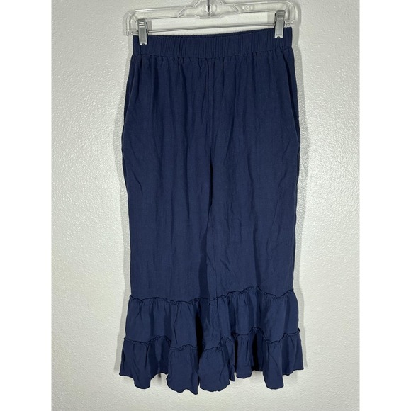 Ruffle Hem Pants Womens Medium Navy Culottes Cropped Elastic Waist Pockets - Picture 7 of 8